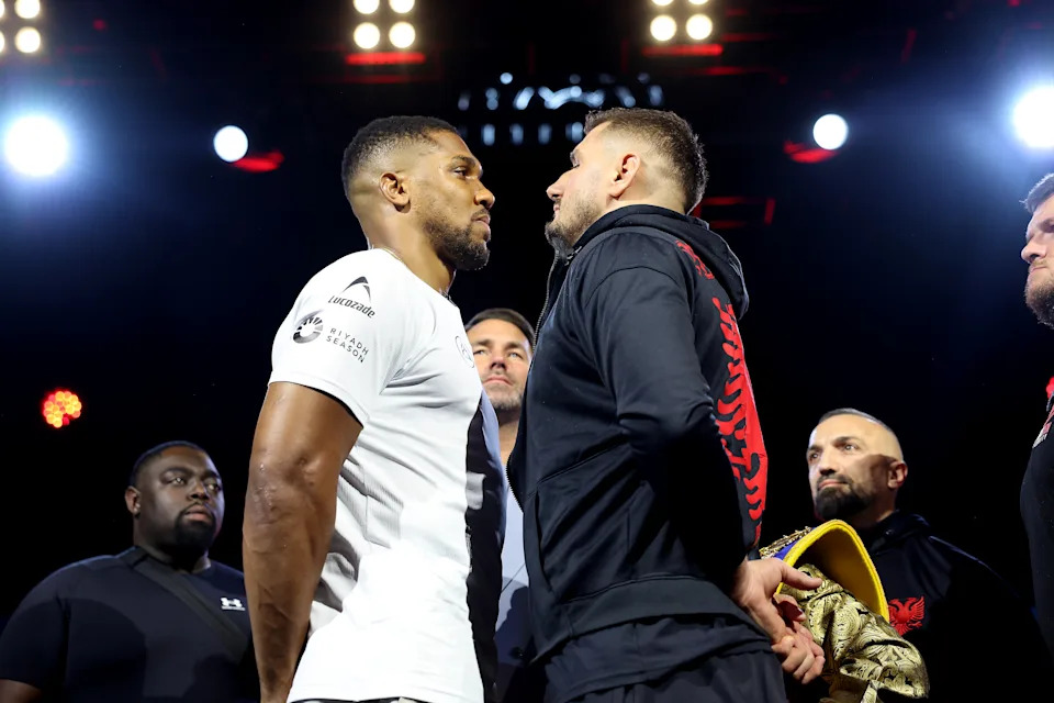 LONDON, ENGLAND - JUNE 1: Anthony Joshua (left) and Kristian Prenga during the Launch Press Conference promoting their Heavyweight Contest next month on June 1, 2026 in London, England. (Photo by Mark Robinson/Matchroom Boxing/Getty Images).