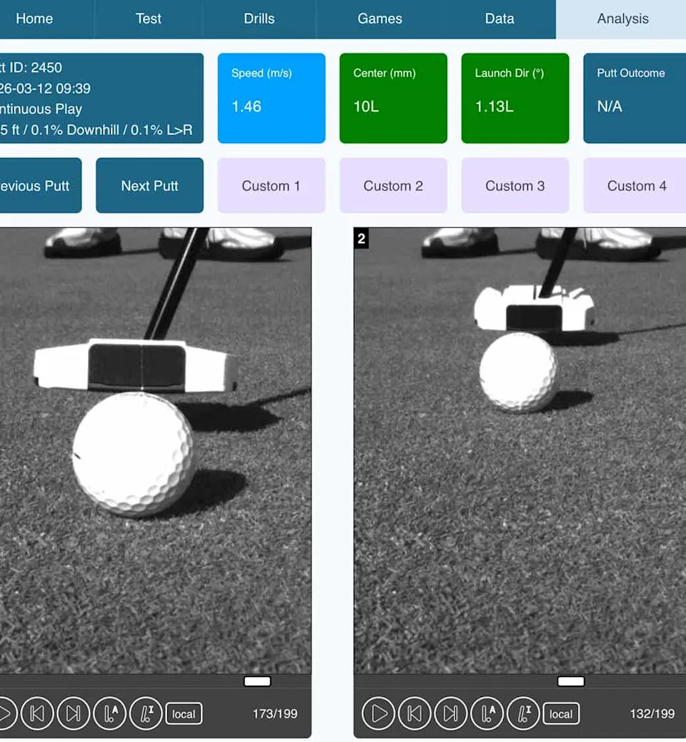 Two grayscale images display a close-up of a golf putter, with putting gates on the practice green, about to strike a golf ball. Above, data panels show putt speed, center, launch direction, and outcome stats in colored boxes.