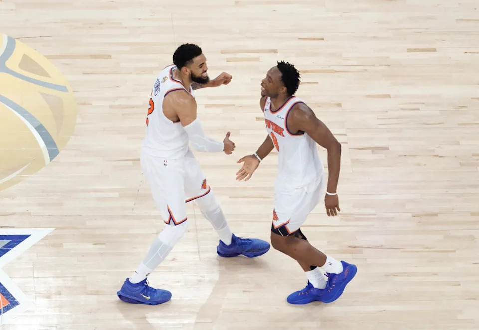 Karl-Anthony Towns and OG Anunoby celebrate during the NBA Finals. Jason Szenes for the New York Post