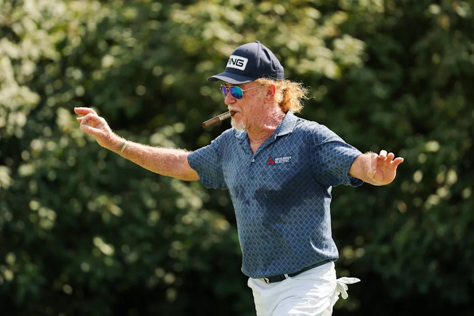 Miguel Angel Jimenez reacts to a shot on the second hole during the second round of the 2026 U.S. Senior Open at Scioto Country Club in Columbus, Ohio on Friday, July 3, 2026. (Jeff Haynes/USGA)