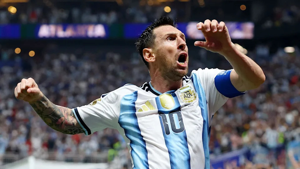 Lionel Messi celebrates after scoring in Argentina's last-16 win against Egypt