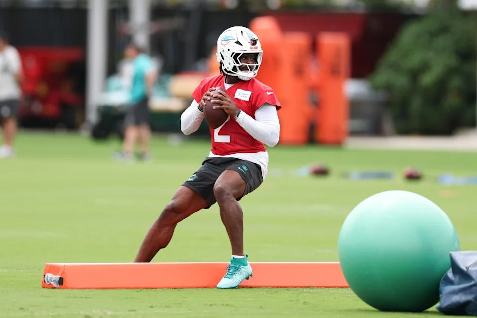 Dolphins quarterback Malik Willis competes in a drill during an offseason workout at Baptist Health Training Complex on June 9, 2026. Getty Images