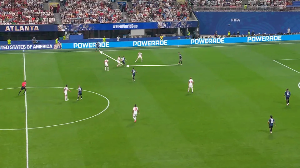 Screengrab from Argentina vs England showing Messi's press resistance and passing against Anderson