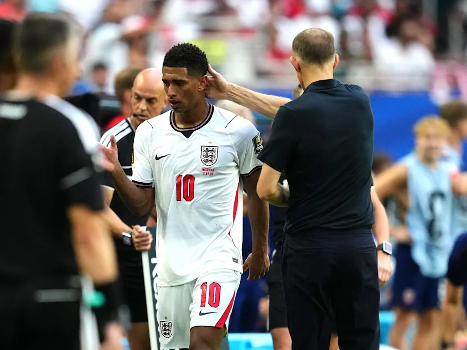 Bellingham is greeted by Tuchel after being substituted against Norway (Martin Rickett/PA)