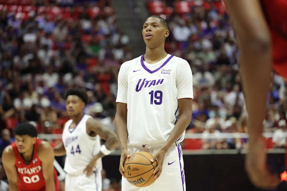 SALT LAKE CITY, UT – JULY 4: Ace Bailey #19 of the Utah Jazz shoots a free throw during the game against the Atlanta Hawks during a 2026 NBA Salt Lake City Summer League game on July 4, 2026 at Jon M. Huntsman Center in Salt Lake City, Utah. NOTE TO USER: User expressly acknowledges and agrees that, by downloading and or using this Photograph, User is consenting to the terms and conditions of the Getty Images License Agreement. Mandatory Copyright Notice: Copyright 2026 NBAE (Photo by Melissa Majchrzak/NBAE via Getty Images) | NBAE via Getty Images