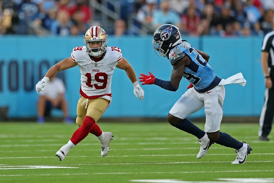 Trent Taylor #19 of the San Francisco 49ers during the game against the <a class="link " href="https://sports.yahoo.com/nfl/teams/tennessee/" data-i13n="sec:content-canvas;subsec:anchor_text;elm:context_link" data-ylk="slk:Tennessee Titans;sec:content-canvas;subsec:anchor_text;elm:context_link;itc:0" data-yga="{"yLinkElement":"context_link","yModuleName":"content-canvas","yLinkText":"Tennessee Titans","ySubModuleName":"anchor_text","yHasCommerce":false}">Tennessee Titans</a> Getty Images
