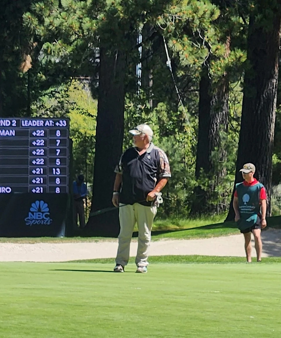 Larry the Cable Guy is shown on No. 16 on Saturday, July 11 2026 in the American Century Championship celebrity golf tournament at Edgewood Tahoe.
