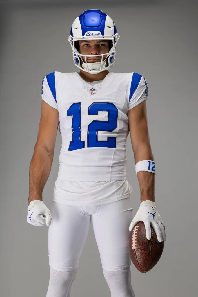 Rams receiver <a class="link " href="https://sports.yahoo.com/nfl/players/40168/" data-i13n="sec:content-canvas;subsec:anchor_text;elm:context_link" data-ylk="slk:Puka Nacua;sec:content-canvas;subsec:anchor_text;elm:context_link;itc:0" data-yga="{"yLinkElement":"context_link","yModuleName":"content-canvas","yLinkText":"Puka Nacua","ySubModuleName":"anchor_text","yHasCommerce":false}">Puka Nacua</a> models the Fearsome White uniform. Brevin Townsell/ Los Angeles Rams