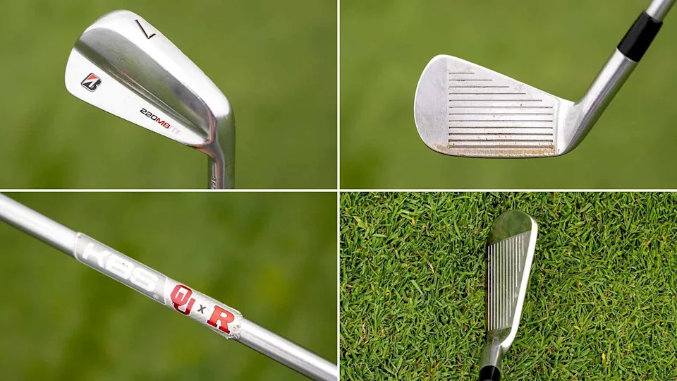 Four close-up images of a golf iron: back view showing the brand logo, face view with grooves, shaft featuring WITB branding and lettering, and a top view of the clubhead positioned on grass.