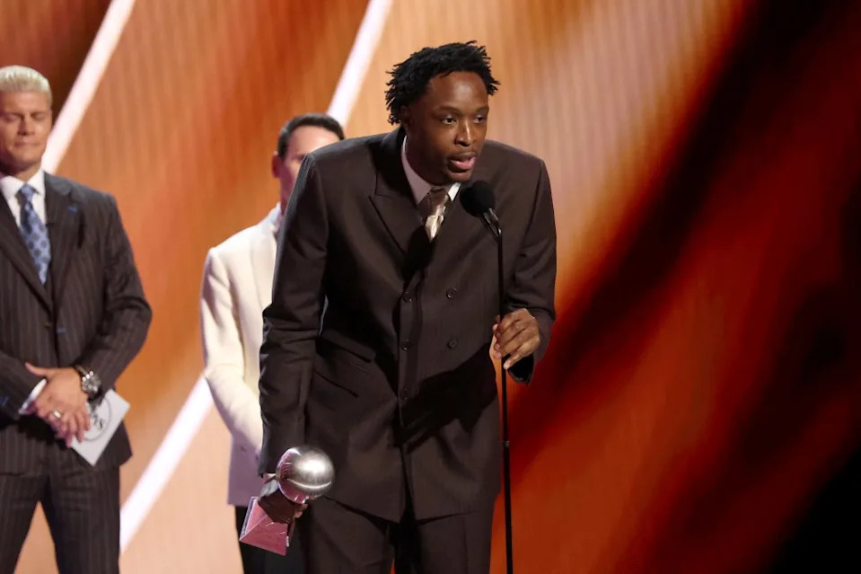 OG Anunoby’s speech led to laughter after a brief pause in which he spread his legs and tried to level with the microphone. Getty Images