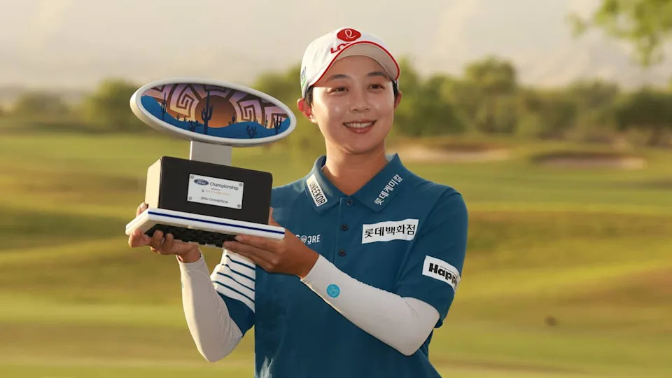Hyo Joo Kim of South Korea poses with the championship trophy on the 18th green after winning the 2026 Ford Championship at Whirlwind Golf Club in Wild Horse Pass on March 29, 2026, Phoenix, Arizona. Photo by Sarah Stier&sol;Getty Images