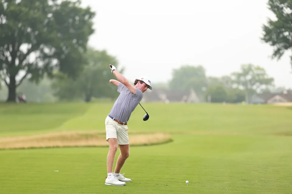 Tommy Morrissey plays his tee shot on the ninth hole during the second round of the 2026 U.S. Adaptive Open at Woodmont Country Club (South Course) in Rockville, Md. on Tuesday, July 7, 2026. 
