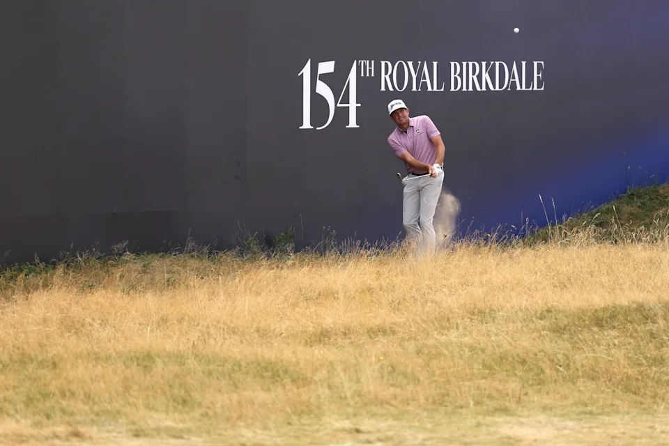 Keegan Bradley of the United States chips onto the 18th green on day two of the The 154th Open Championship at Royal Birkdale on July 17, 2026 in Southport, England.