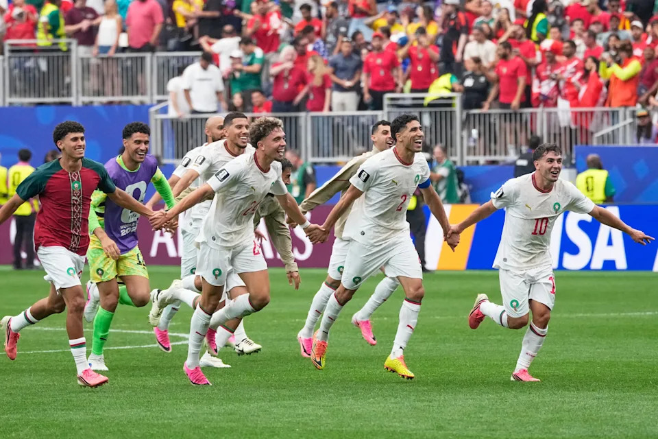 Players of Morocco react after the World Cup round of 16 soccer match against Canada in Houston, Saturday, July 4, 2026. (AP Photo/David J. Phillip)