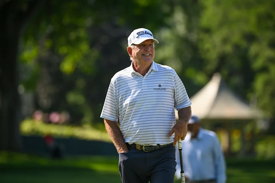 Jay Haas smiles as he approaches the seventh hole green during the second round of the 2026 U.S. Senior Open at Scioto Country Club in Columbus, Ohio.
