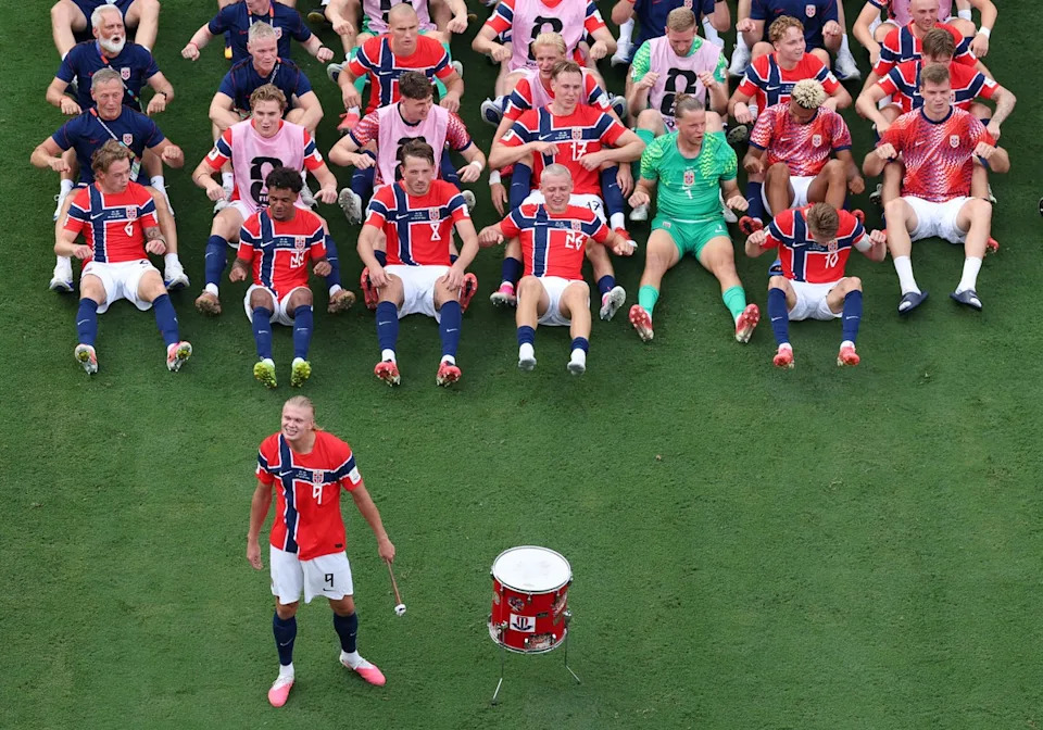 Erling Haaland leads the celebrations after Norway dumped out Brazil (Getty)