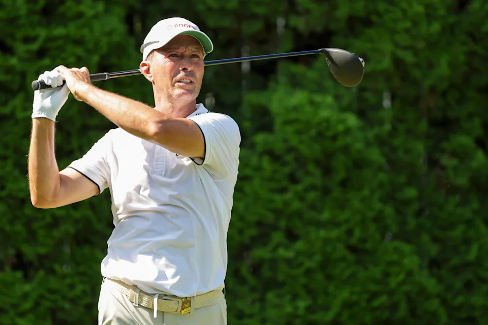 Mike Weir tees off from the 15th hole during the first round of the 2026 U.S. Senior Open at Scioto Country Club in Columbus, Ohio.