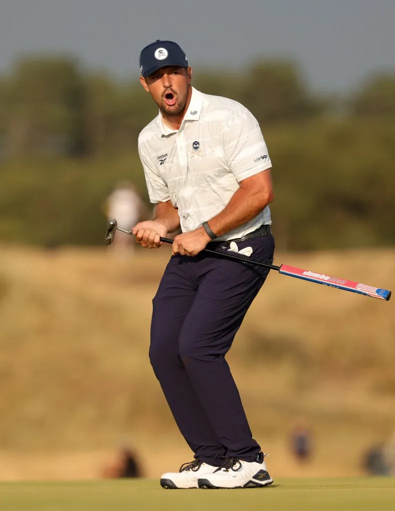Bryson DeChambeau reacts to nearly making a long putt on the 16 hole <br>during the third round of The Open Championship golf tournament at <br>Royal Birkdale. IMAGN IMAGES via Reuters Connect