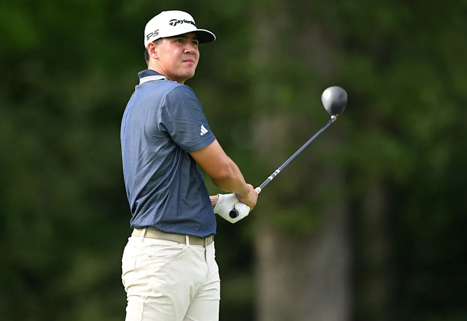 Michael Thorbjornsen reacts to his tee shot on the 13th hole during the second round of the John Deere Classic golf tournament.