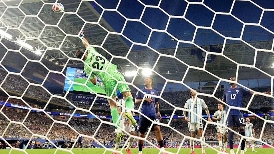 Argentina's Emiliano Martinez saves a free-kick from Cape Verde's Sidney Lopes Cabral at the 2026 FIFA World Cup