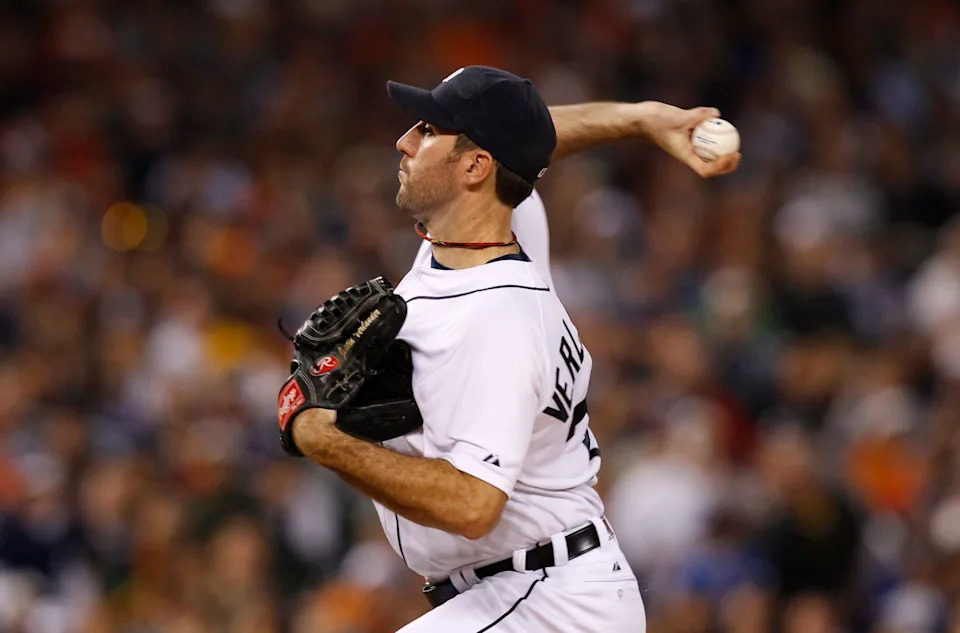 This file photo from Oct. 13, 2011 shows Tigers starting pitcher Justin Verlander delivering a pitch during the eighth inning of Game 5 of the 2011 ALCS against the Rangers at Comerica Park in Detroit.