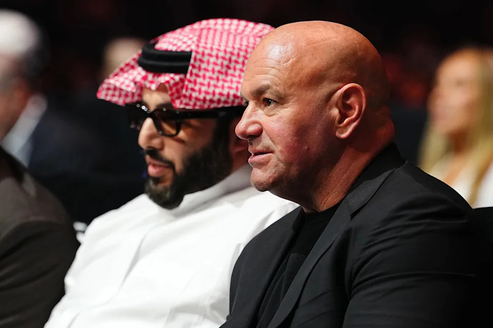 LAS VEGAS, NEVADA - SEPTEMBER 13: Turki Al-Sheikh and UFC President Dana White attend a super welterweight bout on the undercard of the Canelo v Crawford event at Allegiant Stadium on September 13, 2025 in Las Vegas, Nevada. (Photo by Chris Unger/TKO Worldwide LLC via Getty Images)