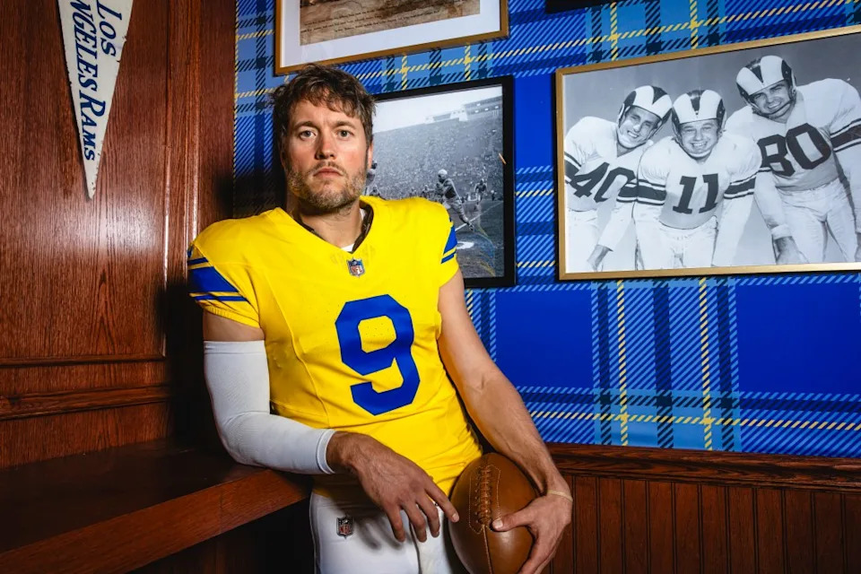 Stafford models the Rams’ Classic Sol uniform. Brevin Townsell/ LA Rams