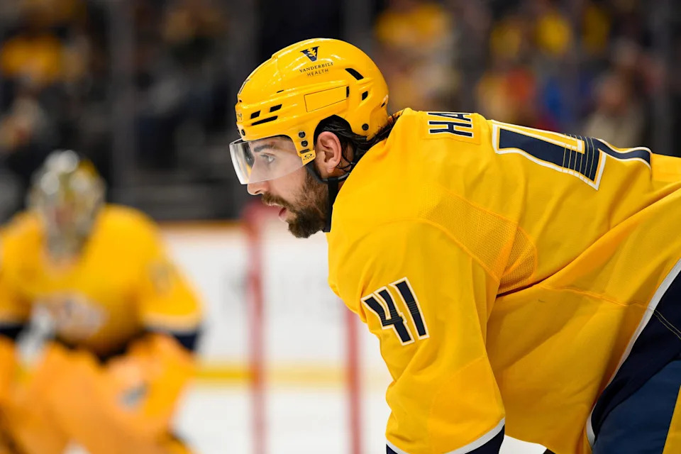 Dec 2, 2025; Nashville, Tennessee, USA; Nashville Predators defensemanNicolas Hague(41) awaits the face off against the Calgary Flames during the second period at Bridgestone Arena. Mandatory Credit: Steve Roberts-Imagn Images