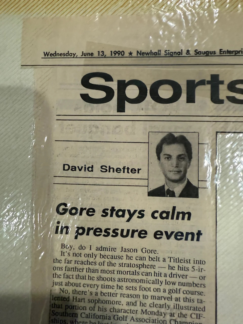 Jason Gore's mother kept a scrapbook from his golf career that includes this article from the Santa Clarita Valley Signal on July 13, 1990, written by David Shefter. "You knew you were doing something right if David was writing about you," Gore said.