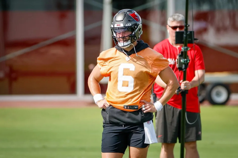<a class="link " href="https://sports.yahoo.com/nfl/teams/tampa-bay/" data-i13n="sec:content-canvas;subsec:anchor_text;elm:context_link" data-ylk="slk:Tampa Bay Buccaneers;sec:content-canvas;subsec:anchor_text;elm:context_link;itc:0" data-yga="{"yLinkElement":"context_link","yModuleName":"content-canvas","yLinkText":"Tampa Bay Buccaneers","ySubModuleName":"anchor_text","yHasCommerce":false}">Tampa Bay Buccaneers</a> quarterback Baker Mayfield (6) waits to work on a passing drill with teammates during mandatory mini-camp at the AdventHealth Training Center in <a class="link " href="https://sports.yahoo.com/nfl/teams/tampa-bay/" data-i13n="sec:content-canvas;subsec:anchor_text;elm:context_link" data-ylk="slk:Tampa;sec:content-canvas;subsec:anchor_text;elm:context_link;itc:0" data-yga="{"yLinkElement":"context_link","yModuleName":"content-canvas","yLinkText":"Tampa","ySubModuleName":"anchor_text","yHasCommerce":false}">Tampa</a> on Tuesday, June 16, 2026. ZUMAPRESS.com