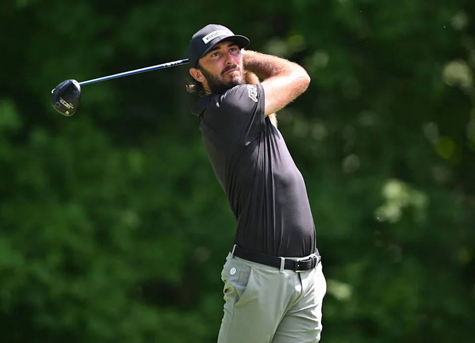 Max Homa tees off on the 2nd hole during the final round of the John Deere Classic. July 5, 2026; Silvis, Illinois. Credit: Marc Lebryk-Imagn Images.