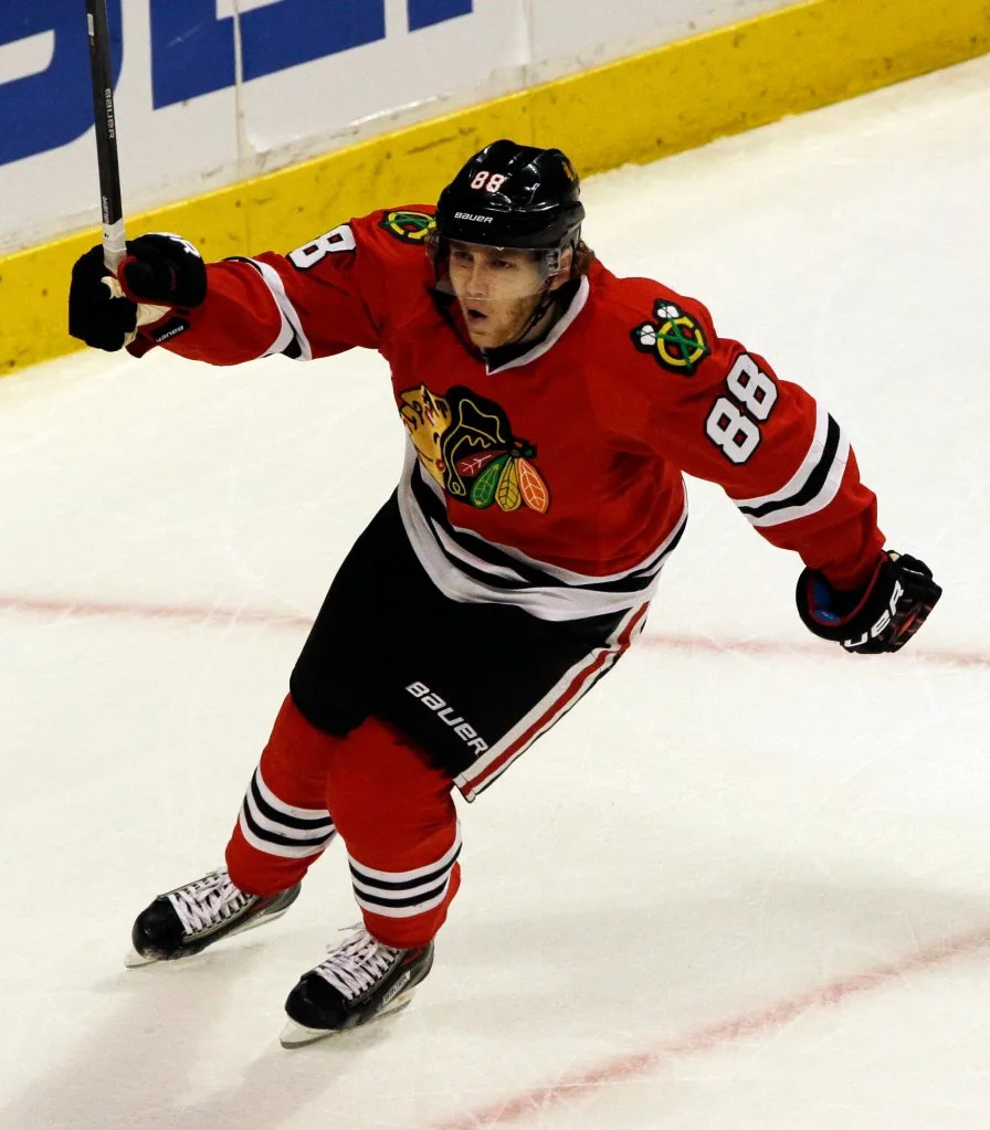 Chicago Blackhawks’ Patrick Kane celebrates after scoring his goal against the Minnesota Wild during the third period in Game 1 of an NHL hockey second-round playoff series in Chicago on Friday, May 2, 2014. AP