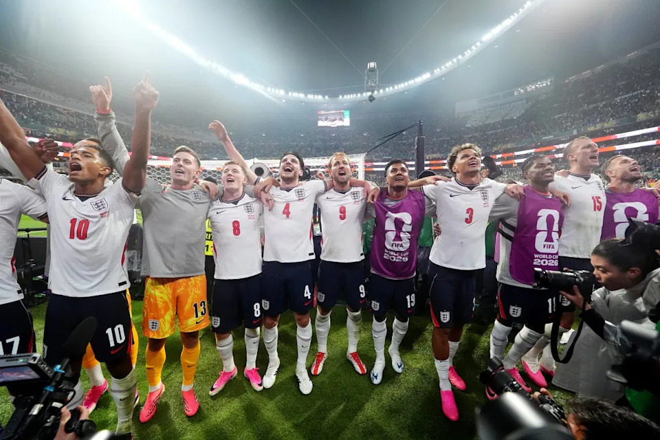 England's Harry Kane (centre), Declan Rice (centre left), Jude Bellingham (left) and team-mates celebrate (PA)