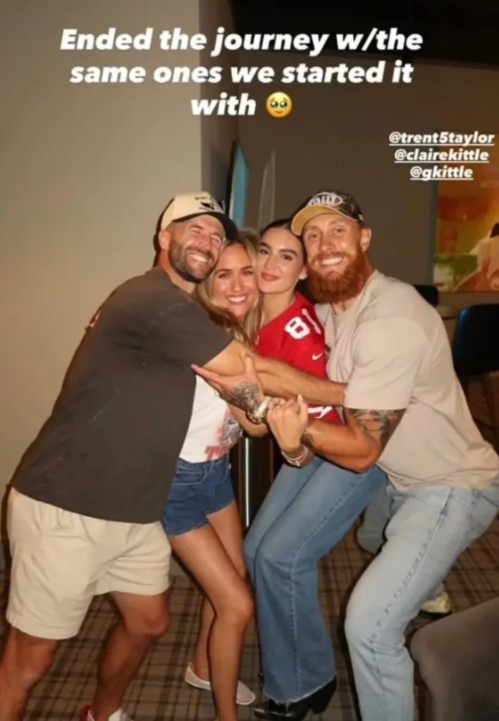 Taylor announced his retirement in a photo alongside his wife, Sarah, 49ers star tight end George Kittle, and Kittle’s wife Claire. Instagram/@SarahjcTaylor