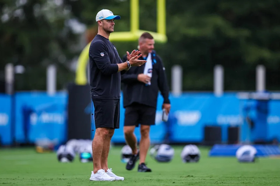 Dave Canales is pictured at the Panthers’ training camp July 23. Getty Images