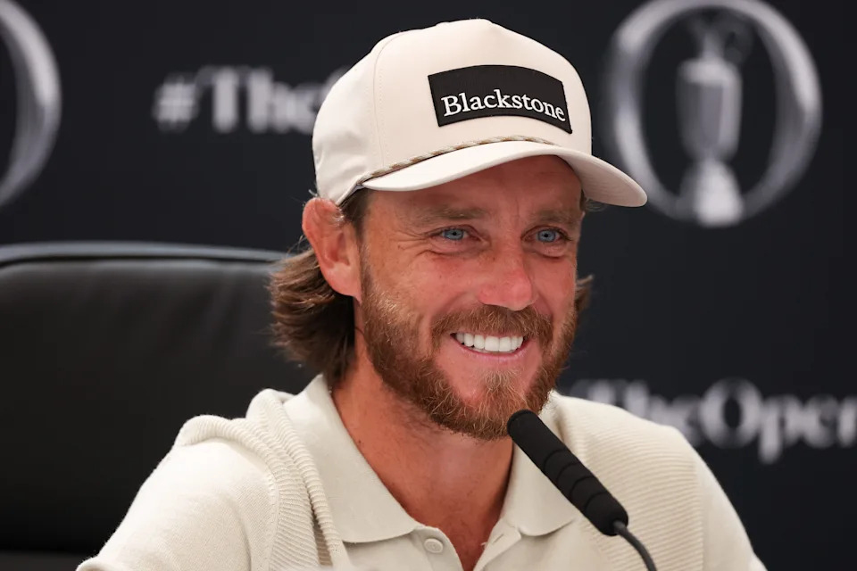 Tommy Fleetwoodspeaks with the media after a practice round ahead of the 2026 Open Championship at Royal Birkdale. 