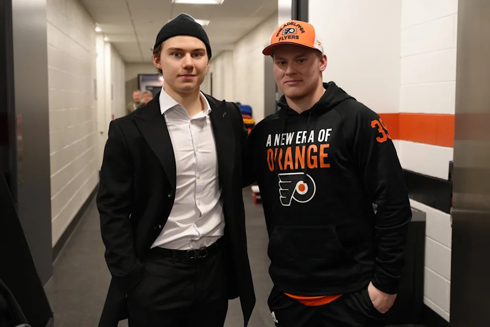 Bedard and Michkov outside the locker rooms after their first NHL matchup in Nov. 2024. (Photo: Philadelphia Flyers)