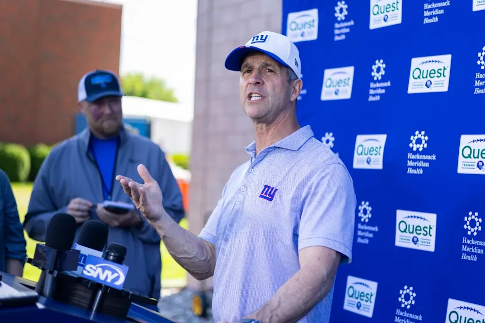 Giants head coach John Harbaugh speaks with the media after practice at the Quest Diagnostics Training Center on June 9, 2026. Corey Sipkin for the NY POST