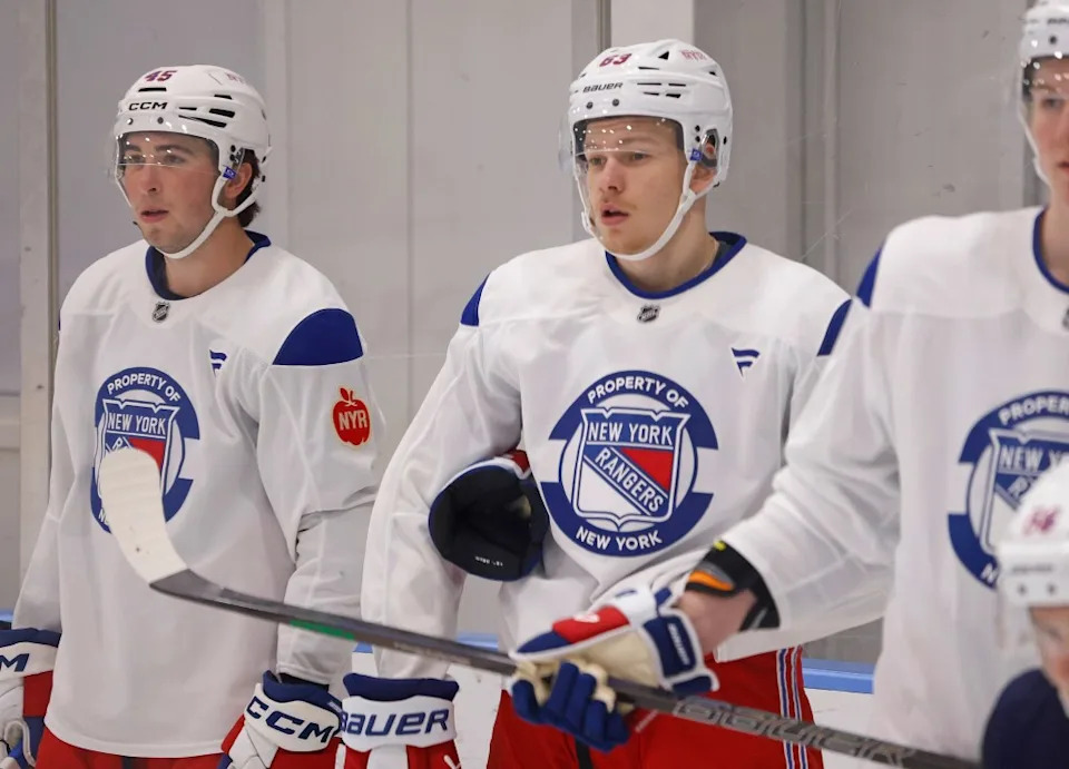 <a class="link " href="https://sports.yahoo.com/nhl/players/30210/" data-i13n="sec:content-canvas;subsec:anchor_text;elm:context_link" data-ylk="slk:Drew Fortescue;sec:content-canvas;subsec:anchor_text;elm:context_link;itc:0" data-yga="{"yLinkElement":"context_link","yModuleName":"content-canvas","yLinkText":"Drew Fortescue","ySubModuleName":"anchor_text","yHasCommerce":false}">Drew Fortescue</a> (45) and Alberts Smits (63) look on during the Rangers’ 2026 Development Camp on June 29, 2026 at Madison Square Garden Training Center in Greenburgh, N.Y. Robert Sabo for NY Post