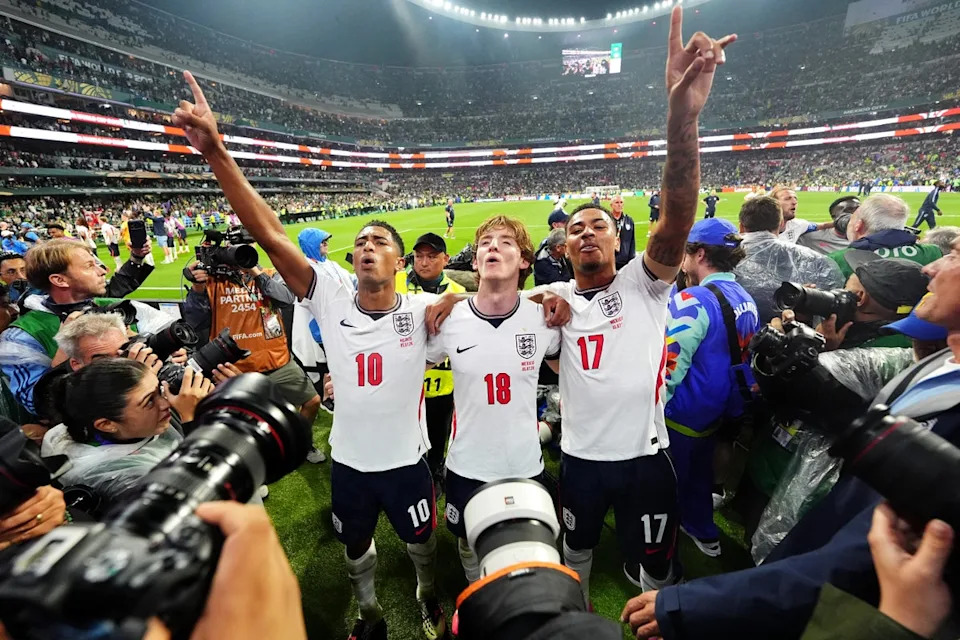 England's Jude Bellingham (left), Anthony Gordon and Morgan Rogers (right) celebrate (PA)