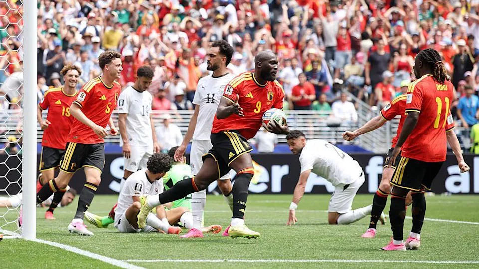 Romelu Lukaku carries the ball back to the centre circle after helping force an own goal to equalise for Belgium against Egypt at the 2026 World Cup