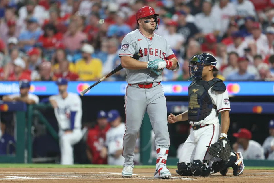 Mike Trout bats in the first inning Tuesday.