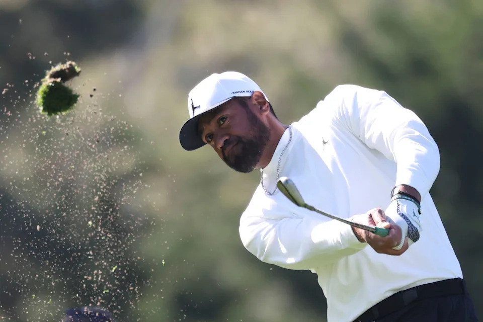 Tony Finau hits his tee shot on the 15th hole during the first round of the 2026 AT&T Pebble Beach Pro-Am at Spyglass Hill Golf Course.