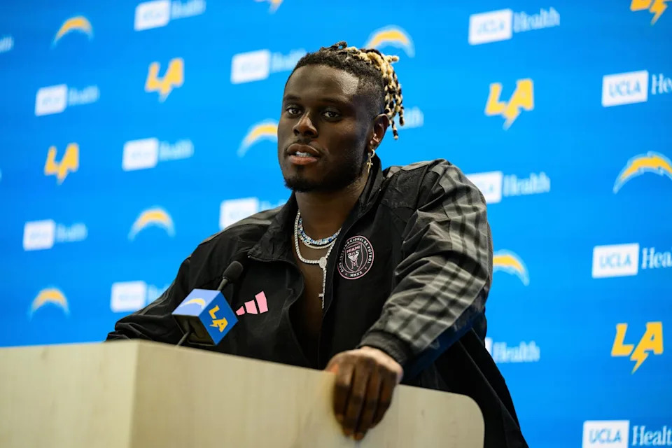 Chargers tight end David Njoku speaks during a news conference on May 19.