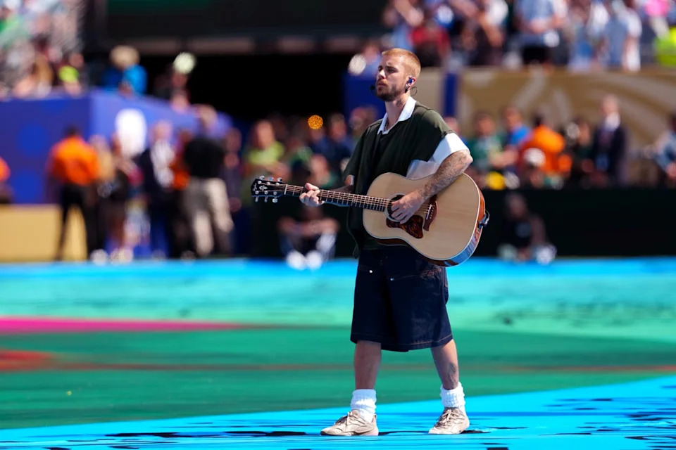Justin Bieber sings during the halftime show (Nick Potts/PA Wire)