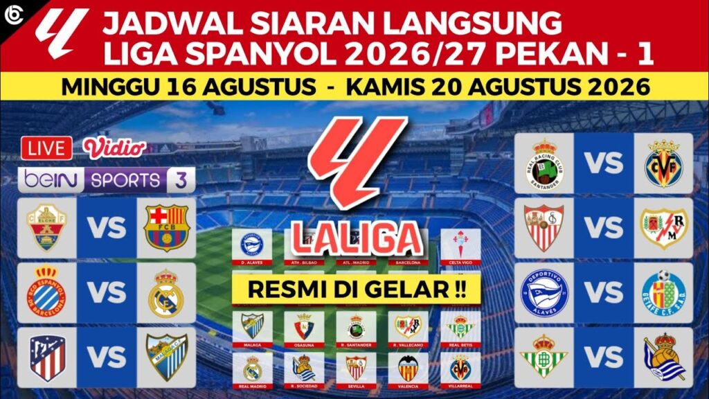 Jadwal Liga Spanyol 2026/2027 Pekan Ke 1 – Elche vs Barcelona , Espanyol vs Real Madrid – Laliga