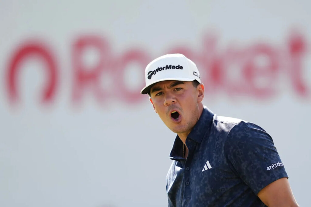 Michael Thorbjornsen reacts to winning for the first time on the PGA Tour at the Rocket Classic