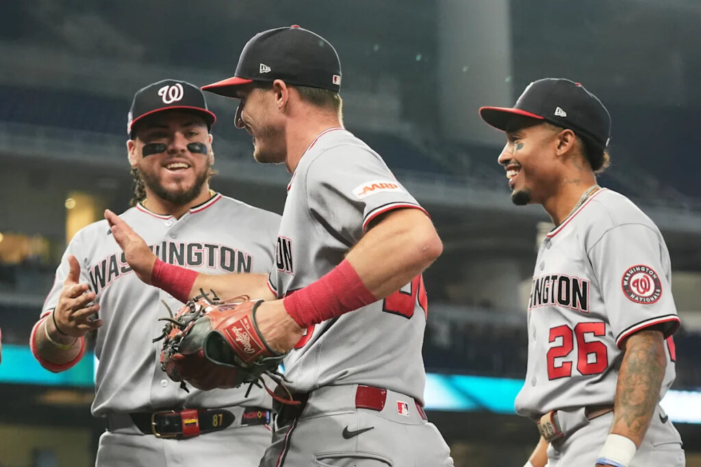 Nationals center fielder Jacob Young scales wall to snare deep fly from Marlins’ Heriberto Hernández Nationals center fielder Jacob Young scales wall to snare deep fly from Marlins’ Heriberto Hernández