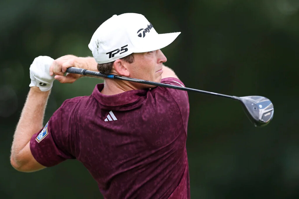 Slice? Jacob Bridgeman hits tee shot into a pizza stand at Tour Championship Slice? Jacob Bridgeman hits tee shot into a pizza stand at Tour Championship