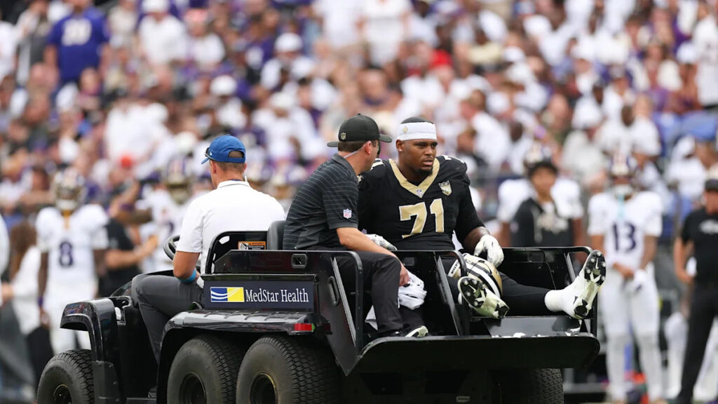 Saints LT Kelvin Banks carted off with ankle injury